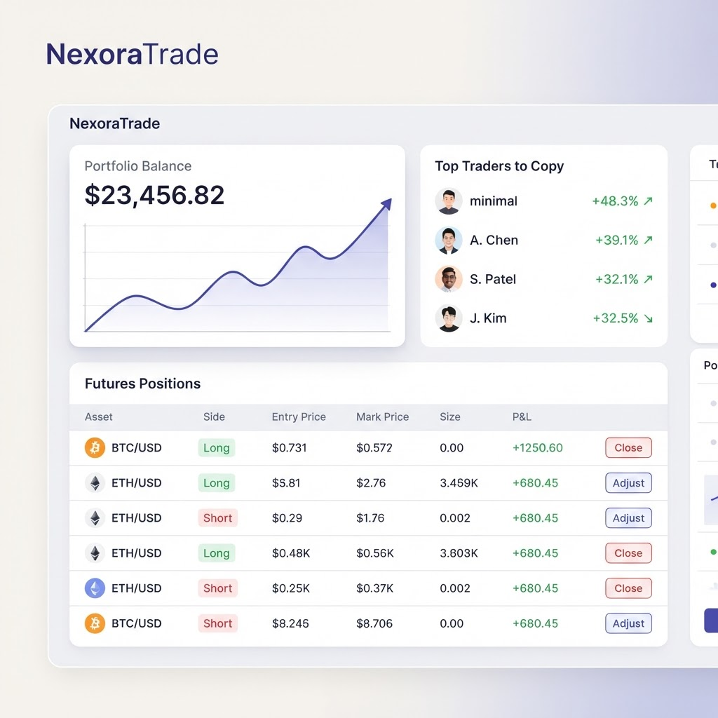 NexoraTrade dashboard showing portfolio balance, performance chart, and top traders to copy